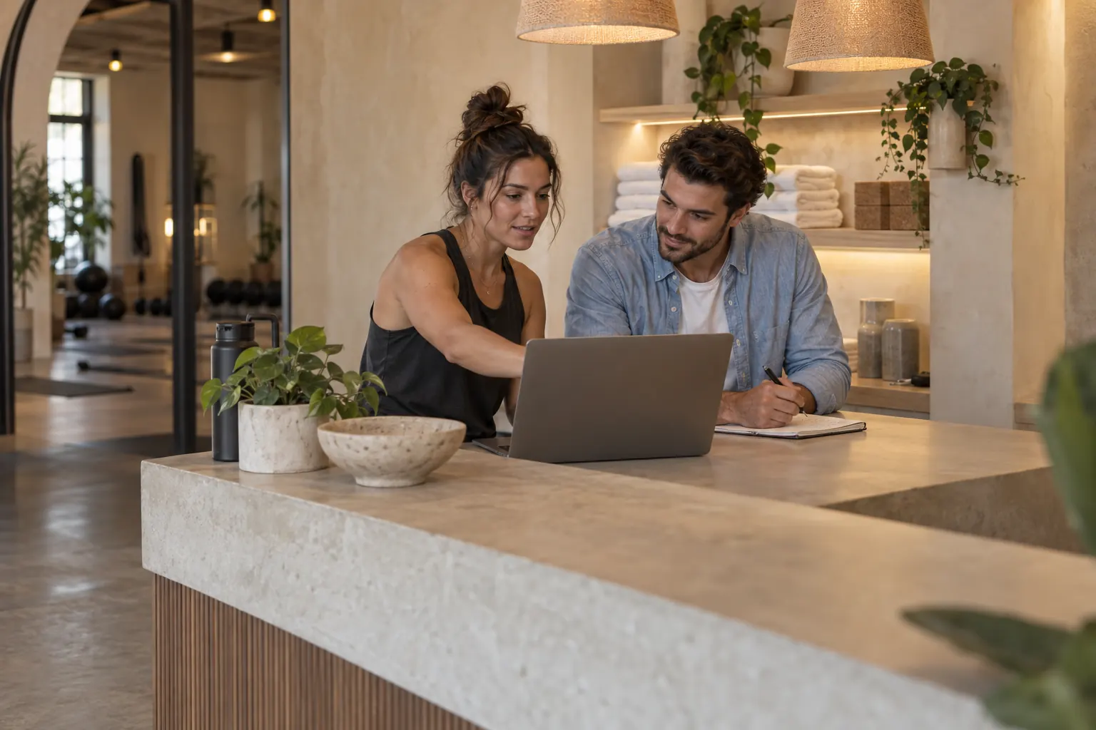 صاحبة استوديو ومختص منتج يراجعان ميزة معًا عند مكتب الاستقبال