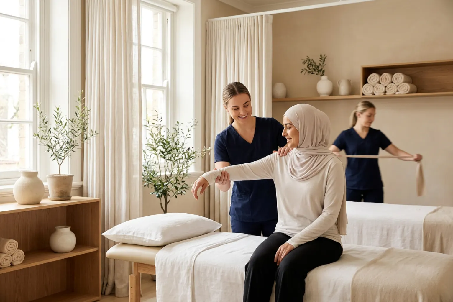 A physiotherapist guiding a client through a shoulder exercise in a bright treatment room
