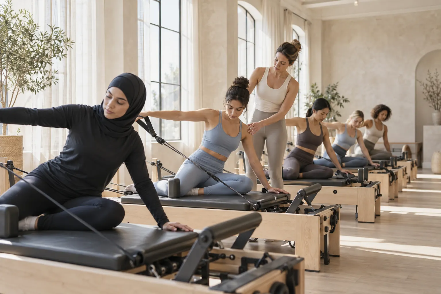 حصة بيلاتس ريفورمر في استوديو مشرق ومدربة تعدّل وضعية إحدى المتدربات